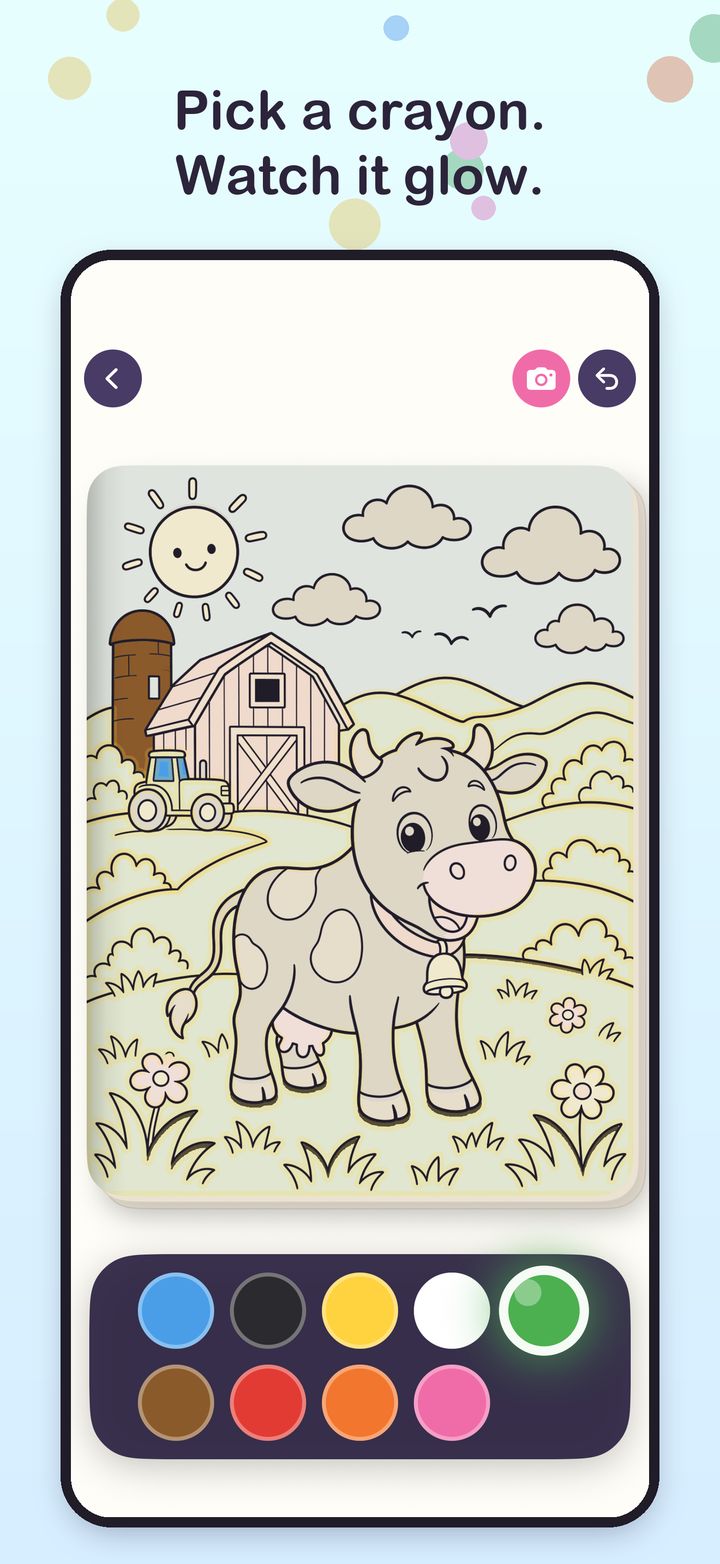 Paint by Color: a farm picture with the spots for the chosen crayon glowing